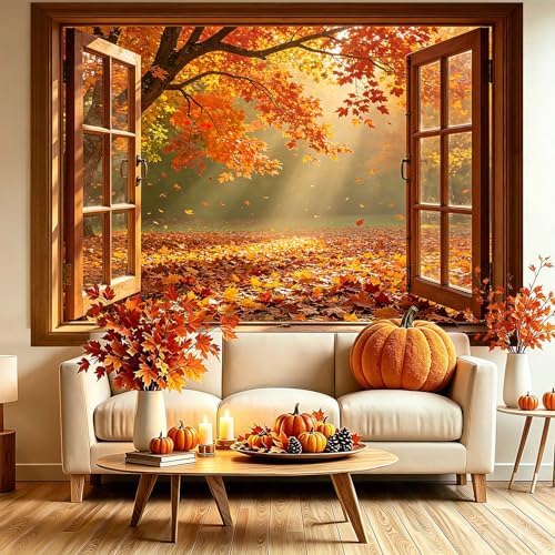 10x6.5FT Fall Window Backdrop, Autumn Forest Maple Leaves Photo Background - Image 3