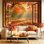 8x6FT Fall Window Backdrop, Autumn Forest Maple Leaves Photo Background - Image 3
