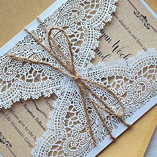 50Pcs 5.12" x 7.28" Rustic Laser Cut Vintage Lace Wedding Invitations Kit Blank Kraft Wedding Invitation Cards with Hemp Rope Envelopes for Birthday Anniversary Invite - Image 6