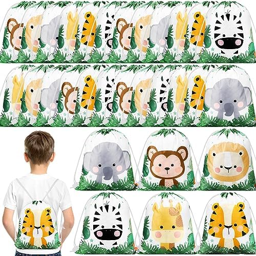 Ferraycle 30 Pack Safari Drawstring Bags Animals Jungle Gift Party Favors Wildlife Goodie Treat Bags for Holiday Birthday Christmas Party Baby Shower, 9.8 x 11.8 Inch by Ferraycle
