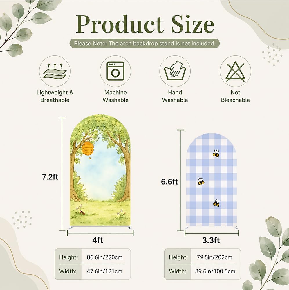 Set of 2 Little Honey Arch Backdrop Cover 2PCS Honey Bee Baby Shower Spandex Arch Covers Blue Gingham Gender Reveal Birthday Party Decoration (Woodland,7.2FT & 6.6FT) - Image 3