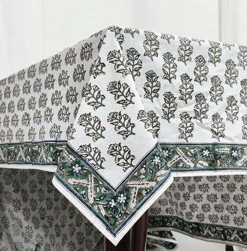 Ridhi Evergreen Grace Hand Block Print Cotton Tablecloth 108x60 Inch - Image 4