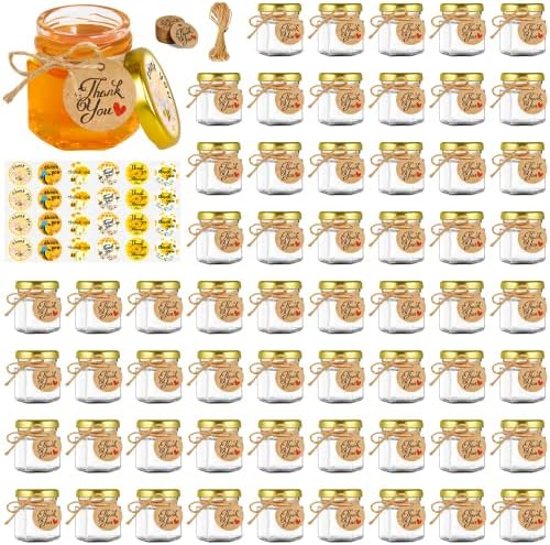 GIVAMEIHF Mini Glass Honey jars-1.5oz,60 pcs Hexagon Small Honey Jars,Bee Stickers,Tags,Jutes Rope,Mini Honey Jars with Lids,Perfect for Jams,Baby Shower,Wedding Favors,Party Favors(No Dippers) by GIVAMEIHF