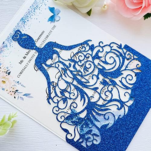 5.12 x7.28 inch 50PCS Royal Blue Glitter Quinceanera Invitations Kit Laser Cut Hollow Girl Princess Pocket with Envelopes Invitations for Quinceanera Bridal Shower Invite - Image 6