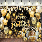 Black Gold Happy Birthday Party Decorations Backdrop, Happy Birthday Backdrop Banner Anniversary Party Photo Booth Background Golden Balloons Glitter Star Birthday Party Photo Background, 12X10ft - Image 2