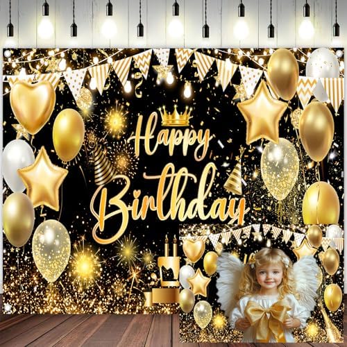 Black Gold Happy Birthday Party Decorations Backdrop, Happy Birthday Backdrop Banner Anniversary Party Photo Booth Background Golden Balloons Glitter Star Birthday Party Photo Background, 12X10ft - Image 2