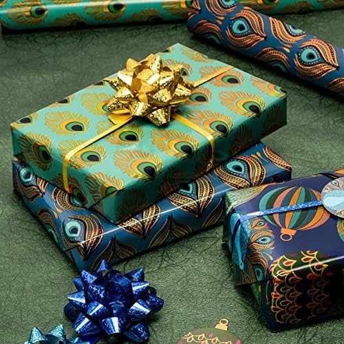 WRAPAHOLIC 30 Inch Peacock Christmas Wrapping Paper Roll - Jumbo Roll Green Peacock Elements Patterns with Metallic Foil Shine - 4 Rolls - 30 Inch x 120 Inch Per Roll - Image 5