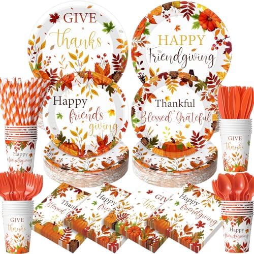 450 Pcs Tableware Set, Serve 50, Orange, Happy Friendsgiving by Unknown