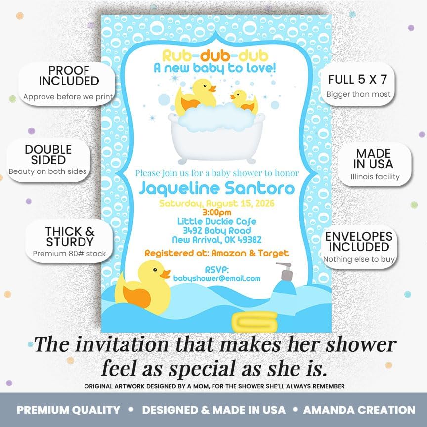 20 Custom Baby Shower Invitations with Envelopes – Personalized Little Rubber Duckie 5x7 Invite Set | Fully Customizable, Proof Included, Customizable Kit of Matching Thank You Cards, Stickers & Diaper Raffle Tickets | Made in USA - Image 2
