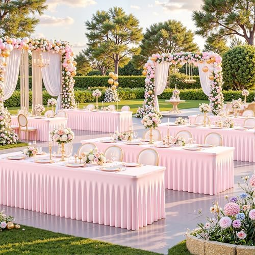 6ft Pink Spandex Tablecloths for Rectangle Tables Wrinkle Free Pink Table Cloth Rectangle Stretch Fitted Table Cover with Skirt for Baby Shower Girl Birthday Party Wedding Banquet Buffet Event - Image 2