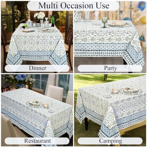 Ridhi Coastal Ikat Blue and Sage Green Hand Block Print Cotton Rectangle Tablecloth 54x54 inch Reusable Table Cover Decorative Everyday Use for Dining Room, Farmhouse, Home Gift for Spring, Summer - Image 5