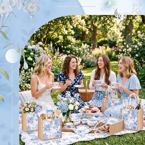 Abbylike 12 Pcs Floral Gift Bag Small Flower Tote Bag,Blue Flowers - Image 6