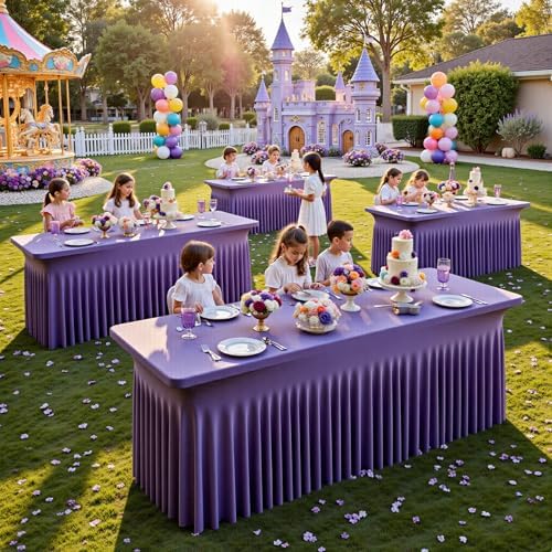 NSSONBEN 2 pk Purple Spandex Tablecloth for 6 Foot Rectangle Tables,Wrinkle Free Fitted Spandex Table Covers 6ft Stretch Table Cloths with Ruffle Skirt for Parties Weddings Banquet Baby Shower - Image 2