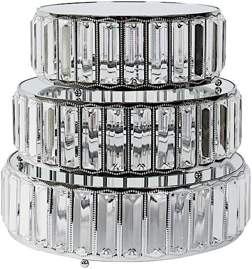 3 Silver Round Stackable Metal Cake Stands with Crystal Pendant and Mirror Top Wedding Birthday Party Display Dessert Riser Pedestal Centerpieces by BalsaCircle