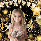 Black Gold Happy Birthday Party Decorations Backdrop, Happy Birthday Backdrop Banner Anniversary Party Photo Booth Background Golden Balloons Glitter Star Birthday Party Photo Background, 12X10ft - Image 3