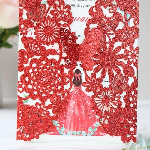 Hosmsua 50PCS Personalized Red Butterfly Invitation 5.12 x 7.3'' Laser Cut Lace Flora Quinceanera Invitation with Envelopes for Bridal Shower Sweet 16, XV Anos Birthday Invite (Red Glitter) - Image 5