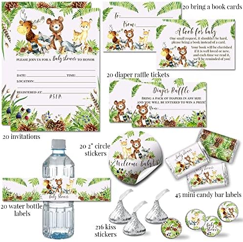Amanda Creation Woodland Baby Shower Invitations & Party Bundle, 20 Pack 5x7 Woodland Animal Invites with White Envelopes, Diaper Raffle, Book Cards, Stickers & Wrappers - Image 2
