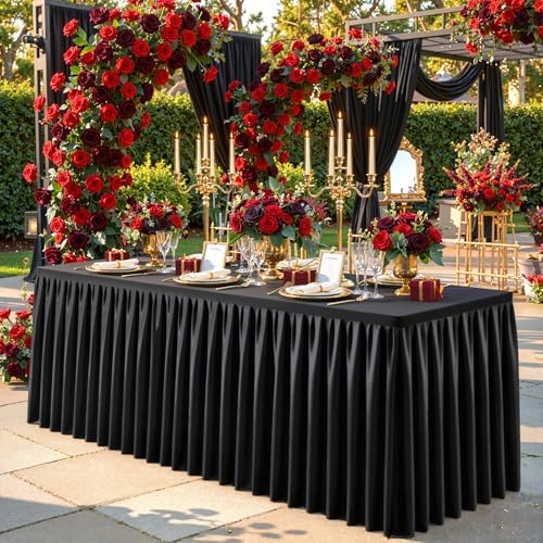 Black Polyester Table Cloths for Rectangle 8 Foot Tables, 2 Pack Wrinkle Free Tablecloths Stretchy Banquet Ruffle Fitted Table Cover Desk Skirt for Parties Wedding Birthday Baby Shower - Image 2