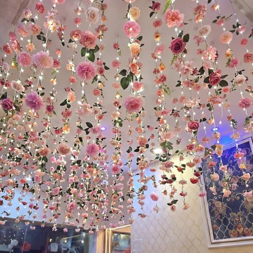 Suncalla 6 Pack 35.4ft Fake Flower LED Garland Backdrop, Bright, Pink - Image 6