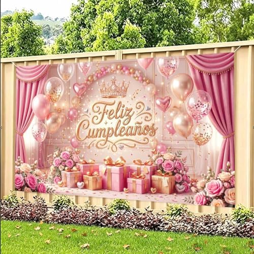 Feliz Cumpleaños Backdrop Pink Gold Balloon Crown Rose Gift Curtain Photo Background Banner for Women Girls Birthday Party Photoshoot 15X10ft - Image 6