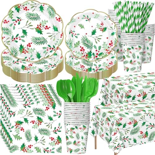 Funnymoom 452 Pcs Christmas Party Supplies for 50 Guest, Holly Berry Leaves Holiday Xmas Paper Plates Napkins Cups Tablecloth Cutlery Straws Disposable Tableware for Merry Christmas Party Decorations by Funnymoom