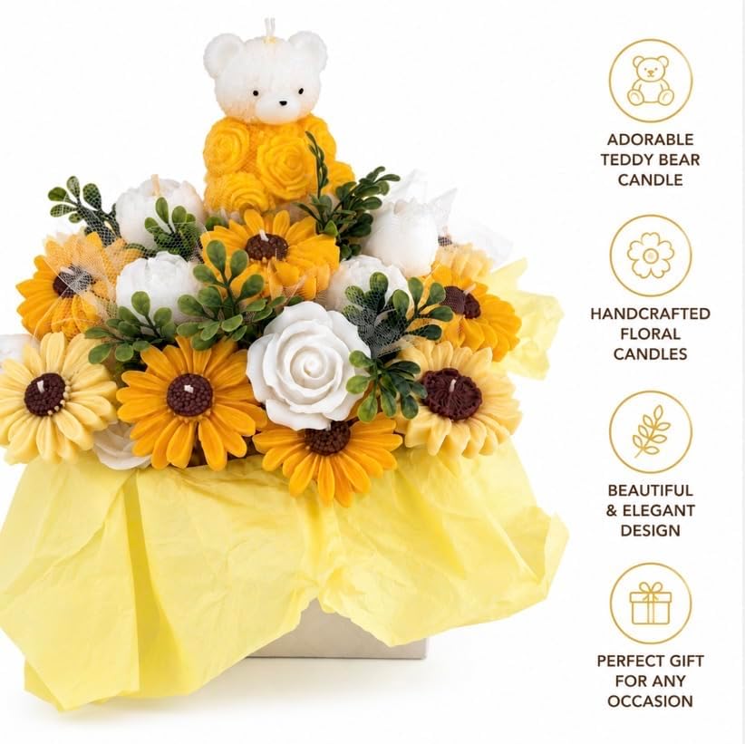Handmade Sunflower Candle Bouquet with Teddy Bear Candle – Unique Gift for Women, Birthday, Baby Shower, Mother’s Day & Special Occasions - Image 2