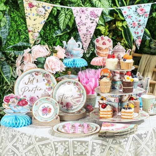 257 Pcs Tea Party Supplies Floral Paper Tea Party Decor, Green - Image 4