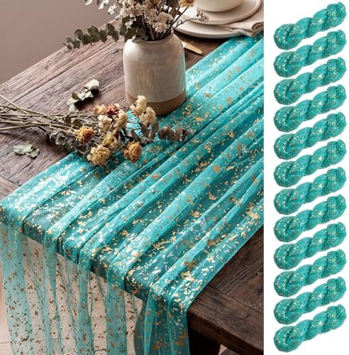 Shihanee 12 Pcs Teal Gold Gauze Table Runners Sheer Cheesecloth Runner by Shihanee