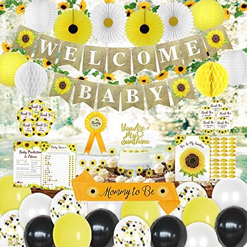207 PC Sunflower Baby Shower Decorations for Girl or Boy Kit – Welcome Baby Pre-Strung Banners, Flower Vine, Guestbook, Sash, Daddy Pin Yellow Balloons Cake Toppers Fans Lantern Games & Favor Stickers by RegalDecorations