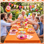 Mimorou 342 Pcs Pink Orange Yellow Party Supplies Pink and Orange Tableware Paper Disposable Plates Napkins Cups Plastic Tablecloth Triangle Banner for Fall Tropical Tequila Sunset Party Decorations - Image 6