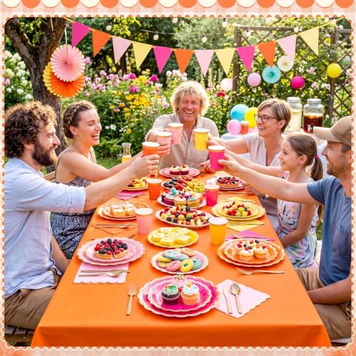 Mimorou 342 Pcs Pink Orange Yellow Party Supplies Pink and Orange Tableware Paper Disposable Plates Napkins Cups Plastic Tablecloth Triangle Banner for Fall Tropical Tequila Sunset Party Decorations - Image 6