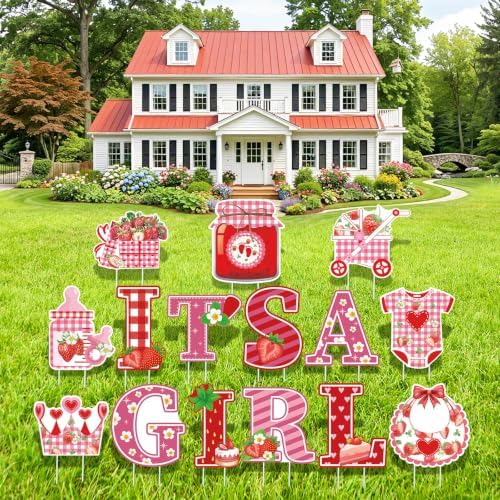 15Pcs Strawberry It's a Girl Yard Signs with Stakes, Berry Sweet Baby Shower Lawn Decorations, Red Pink Gingham Welcome Home Baby Girl Outdoor Sign for Gender Reveal Party Supplies Photo Props by TagreSpike