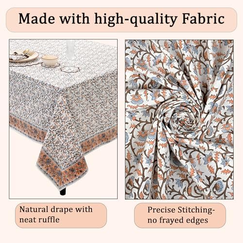 Ridhi Block Print Brown Meadow Vine Rectangle Cotton Tablecloth 90" x 60" Reusable Table Cover Decorative Everyday Use for Dining, Farmhouse, Home Gift for Spring, Easter, Valentine - Image 6