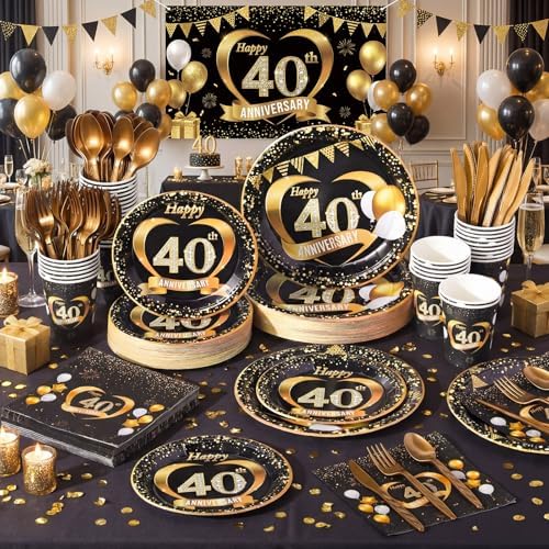 Pickmesh 400 Pcs 40th Anniversary Party Supplies, Black Gold Tableware Set - Image 4