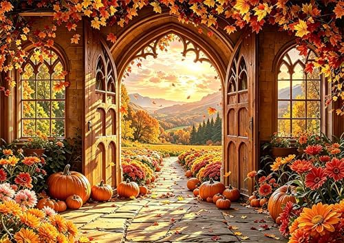 Fall Backdrop, 9x6FT Autumn Window Gothic Arch Door Backdrops - Image 2