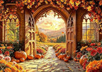 Fall Window Scenery Backdrop 10x6.5FT Autumn Gothic Arch Door Backdrops - Image 2