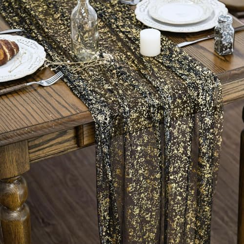 Artoid Mode Black Gold Gauze Table Runner 120 Inch 10Pcs, Glitter Metallic Foil Sheer Dining Wedding Anniversary Holiday Birthday Table Decor for Home Party by ArtoidMode