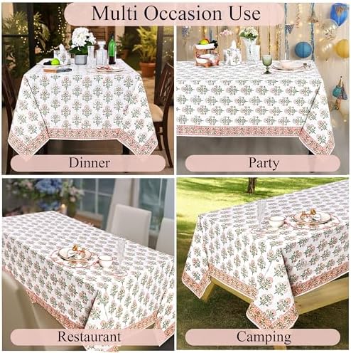 Ridhi Mughal Buta Peach Hand Block Print Cotton Tablecloth 120 x 80 Inch - Image 5