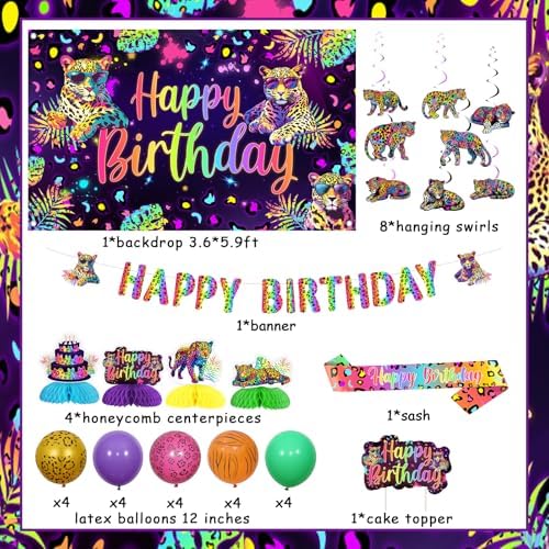 Rainbow Leopard Birthday Party Decorations Cheetah Happy Birthday Backdrop Banner Cake Topper Neon Leopard Table Decor Hanging Swirls Neon Print Sash Jungle Animal Wild Party for Women - Image 6