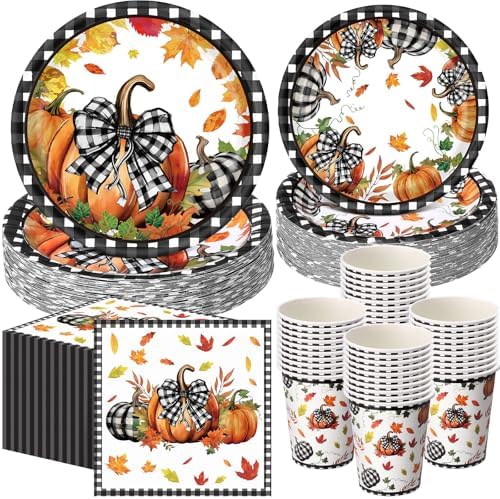 Funnymoom 250 Pcs Pumpkin Fall Paper Plates and Napkins Cups Serves 50 by Funnymoom