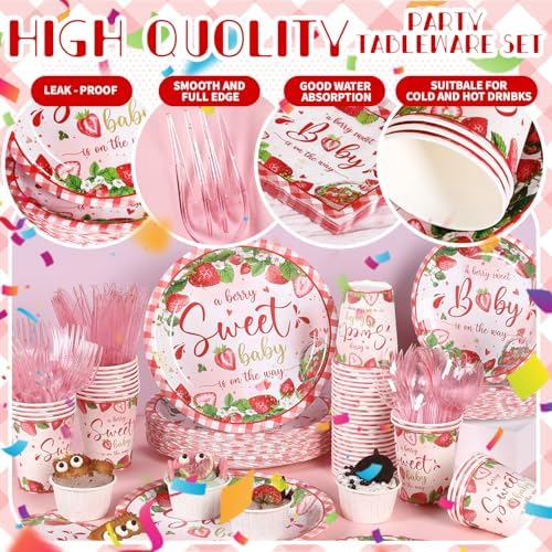 350 Strawberry Baby Shower Decorations for 50 Guests A Berry Sweet Baby is On The Way Party Supplies for Girls Disposable Dinnerware Set Paper Plates Napkins Cups - Image 3