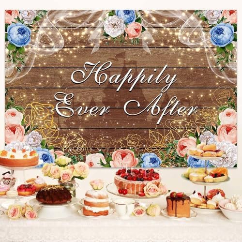 8 x 6 ft Happily Ever After Backdrop Castle Princess Boho Wood Floral Wedding Party Background White Blue Golden Rose Bridal Shower Retirement Party Decorations Banner Photo Props - Image 5