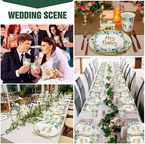 Skylety 200 PCS Sage Green Baby Shower Decorations Eucalyptus Disposable Plates and Cups and Napkins Sets Serves 50 Green Gold Plant Theme Plates for Baby Shower Gender Reveal Neutral Party Supplies - Image 5