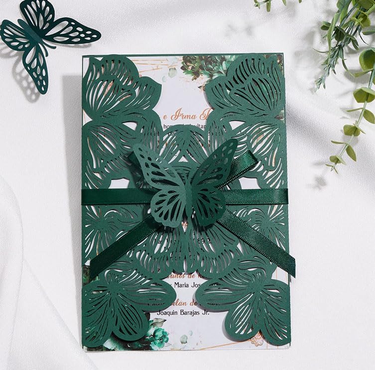50Pcs Personalized Wedding Invitation Cards Laser Cut Hollow Butterfly with Ribbons Dark Green Invitation Kits with Envelopes and RSVP Cards For Wedding Baby Shower Birthday Quinceanera Invitation by HomeKitchen