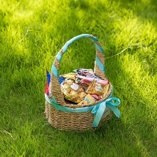 Wickerwise Small Seagrass Wicker Picnic Basket with Handle - Versatile Gift Basket with Blue Ribbon for New Year and Other Occasions, Garden and Home Decor, Natural Wicker Basket and Storage Solution - Image 5