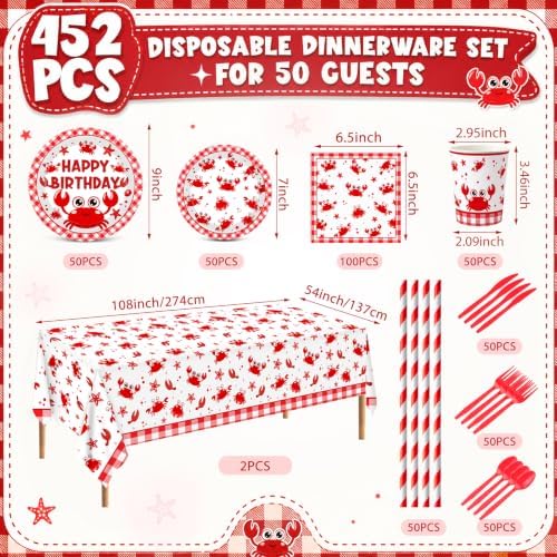 Ceenna 452 Pcs Crab Boil Party Supplies for 50, Crab Birthday Plate Napkin Cup Tablecloth Cutlery Straw Summer Seafood Boil Disposable Tableware for Sea Animals Baby Shower Picnic BBQ Party Decoration - Image 3