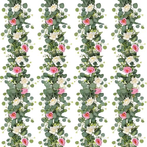 TOCHGREEN 4 Pack Artificial Eucalyptus Flower Garland with White Pink Roses by TOCHGREEN