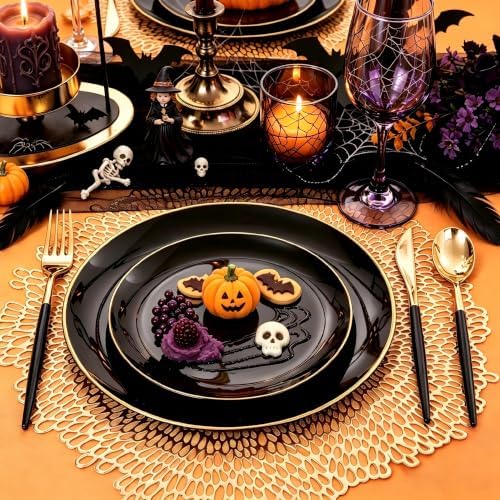 Supernal Black and Gold Plastic Plates,Heavy Duty Disposable Dinnerware Set - Image 5
