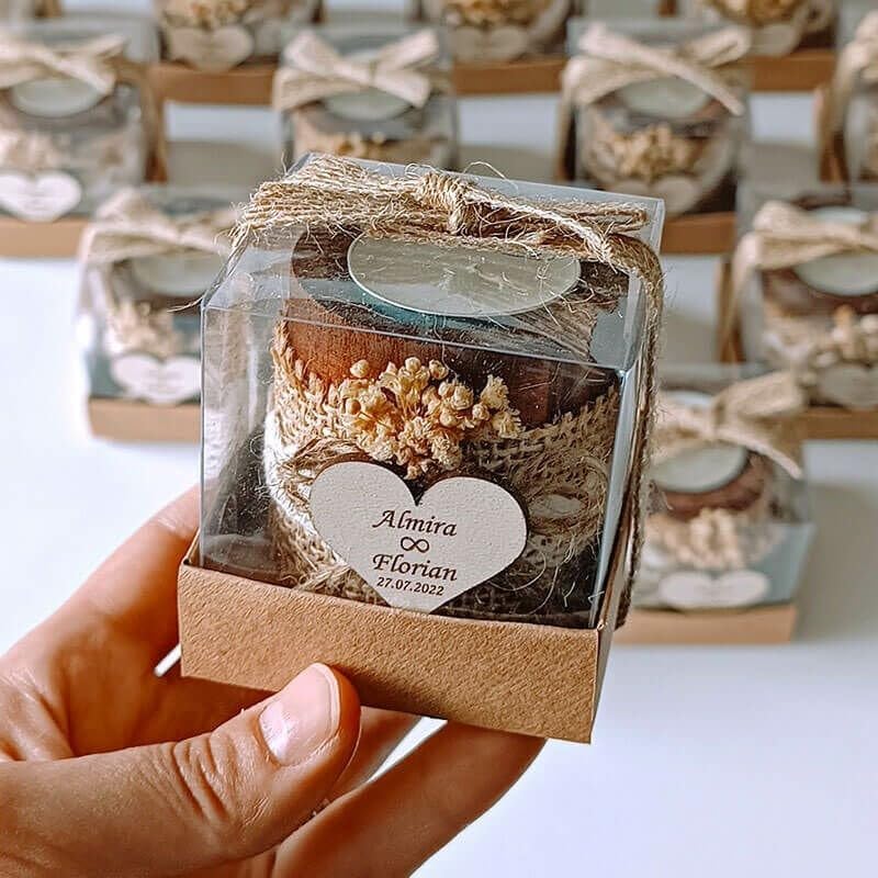 10 PCS Rustic Candle Wedding Favors, Burlap Bow, Baby’s Breath Flowers, Personalized Heart Tag, Clear Box Packaging, Bridal Shower Guest Gifts - Image 7