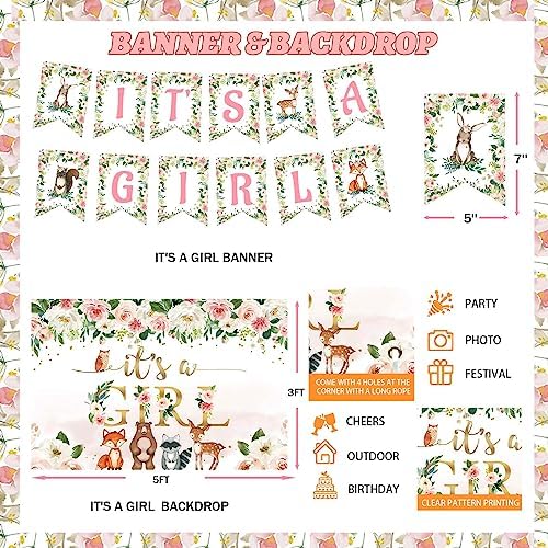 Woodland Baby Shower Decorations Girl, Forest Animal Gender Neutral Baby Shower Party Decorations Its a Girl Backdrop Balloon Garland Banner Box Cutout Cake Cupcake Topper Sash Pink - Image 2